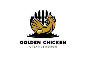 diseño de logotipo de gallina ponedora, granja de pollos, logotipo de gallina dorada sentado en el nido vector