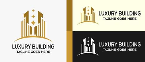 Building logo design template, luxury building icon and stars. creative logo for building, construction, hotel, apartment, architect or housing. vector illustration