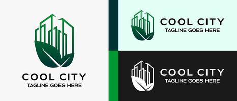 Building logo design template, building icon and leaves. creative logo for building, construction, hotel, apartment, architect or housing. vector illustration