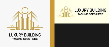 Building logo design template, building icon and sun or moon in fancy lines. creative logo for building, construction, hotel, apartment, architect or housing. vector illustration