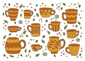 Hand drawn cup mug. Set of cups in doodle cartoon style. Vector illustration isolated.