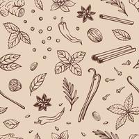 Seamless pattern with herbs and spices. Hand drawn vector illustration in sketch style.