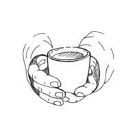 Hand drawn sketch of hands holding a cup of coffee, tea etc. Vector illustration isolated on white background.