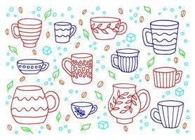 taza de taza dibujada a mano. juego de tazas en estilo garabato. ilustración vectorial aislado sobre fondo blanco. vector