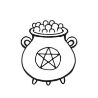 Boiling witch cauldron. Hand drawn vector illustration isolated on white background.