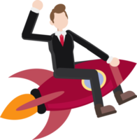 hombre de negocios emocionado sentado en un cohete volador, concepto de éxito empresarial de inicio
