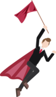 a flying businessman wearing super hero wings carrying a flag, success concept achieving goals png