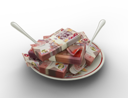 Representación 3D de billetes de cedi ghanés en placa. dinero gastado en concepto de comida. gastos de comida, comida cara, concepto de gasto de dinero. comer dinero, mal uso del dinero
