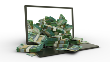 3D rendering of Australian dollar notes coming out of a Laptop monitor isolated on transparent background. stacks of dollar notes inside a laptop. money from computer, money from laptop png