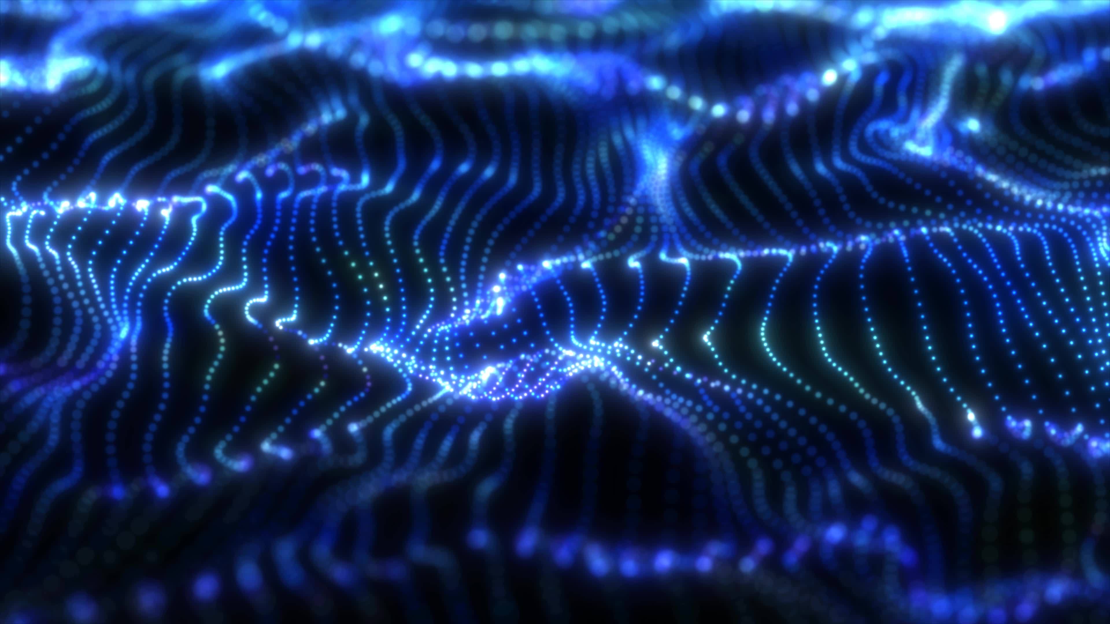 Abstract blue futuristic waves from a grid of particles lines glowing