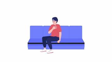 Animated guy on sofa character. Anxiety attack on public transport. Full body flat person on white background with alpha channel transparency. Colorful cartoon style HD video footage for animation