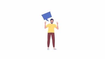 Animated happy male character. Smiling man with speech bubble. Full body flat person on white background with alpha channel transparency. Colorful cartoon style HD video footage for animation