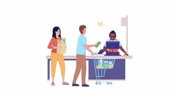 Animated supermarket checkout. Quine at grocery store. Full body flat person on white background with alpha channel transparency. Colorful cartoon style HD video footage of character for animation