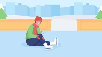 Animated kid slipped on skating rink. Knee injury. Crying boy. Winter activity hazards. Looped flat color 2D cartoon character animation with city on background. HD video with alpha channel