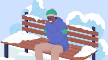 jeune homme gelé animé. assis sur un banc. temps d'hiver froid. tremblant de gel. animation de personnage de dessin animé 2d couleur plate en boucle avec parc sur fond. vidéo hd avec canal alpha
