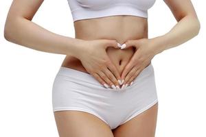 Slim woman in white underwear forming a heart symbol with her hands on her belly, isolated on white background photo