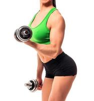 fitness woman with barbells on white background, isolated photo