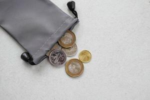 top view of coins spilling from a small bag photo