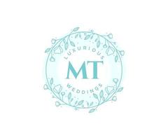 MT Initials letter Wedding monogram logos template, hand drawn modern minimalistic and floral templates for Invitation cards, Save the Date, elegant identity. vector