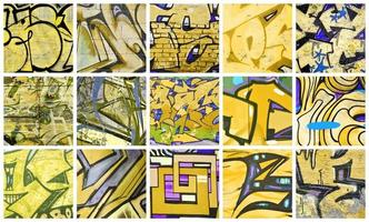 un conjunto de muchos pequeños fragmentos de dibujos de graffiti. collage de fondo abstracto de arte callejero en colores amarillos foto