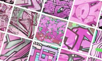 A set of many small fragments of graffiti drawings. Street art abstract background collage in purple colors photo