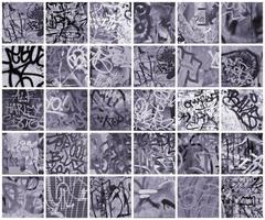 A set of many small fragments of tagged walls. Graffiti vandalism abstract background collage photo
