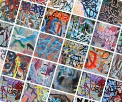 A set of many small fragments of tagged walls. Graffiti vandalism abstract background collage photo