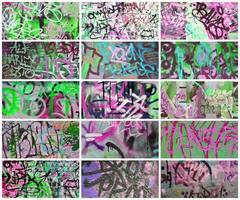 A set of many small fragments of tagged walls. Graffiti vandalism abstract background collage photo