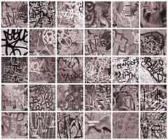 A set of many small fragments of tagged walls. Graffiti vandalism abstract background collage in vintage tones photo