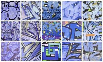 un conjunto de muchos pequeños fragmentos de dibujos de graffiti. collage de fondo abstracto de arte callejero en colores violetas foto