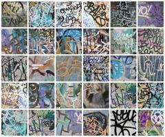 A set of many small fragments of tagged walls. Graffiti vandalism abstract background collage photo