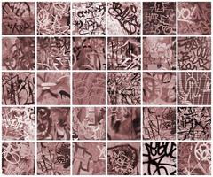 A set of many small fragments of tagged walls. Graffiti vandalism abstract background collage in vintage tones photo