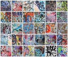 A set of many small fragments of tagged walls. Graffiti vandalism abstract background collage photo