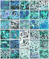 A set of many small fragments of graffiti drawings. Street art abstract background collage in blue colors photo
