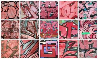 A set of many small fragments of graffiti drawings. Street art abstract background collage in red colors photo