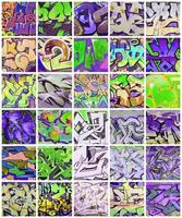 un conjunto de muchos pequeños fragmentos de dibujos de graffiti. collage de fondo abstracto de arte callejero foto
