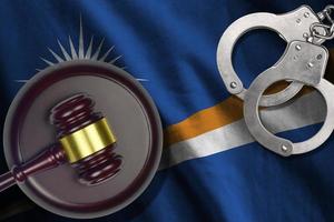 Marshall Islands flag with judge mallet and handcuffs in dark room. Concept of criminal and punishment, background for judgement topics photo