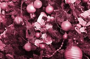 Decorating Christmas tree close up. Decoration bulb, green fir tree, golden x-mas toys and lights. Use for Christmas and New years celebration Image toned in Viva Magenta, color of the 2023 year photo