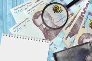1000 Ukrainian hryvnias bills and magnifying glass with black purse and notepad. Concept of counterfeit money. Search for differences in details on money bills to detect fake photo
