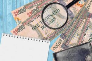 1000 Guyanese dollars bills and magnifying glass with black purse and notepad. Concept of counterfeit money. Search for differences in details on money bills to detect fake photo