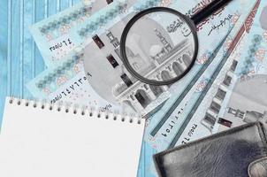 5 Egyptian pounds bills and magnifying glass with black purse and notepad. Concept of counterfeit money. Search for differences in details on money bills to detect fake photo