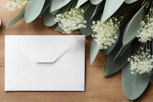 maqueta para una carta o invitación de boda con ramas y hojas. Cobertura natural de luz y sombra. foto