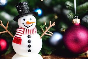 Funny snowman. Merry christmas and happy new year greeting card. Snowy background. photo