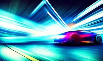 High speed sports car in the city. Neon night city background.