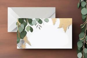 Mockup for a letter or wedding invitation with branches and leaves. Natural light and shade coverage. photo