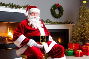 Cheerful Santa Claus is placing gift boxes. Merry Christmas and happy holidays. photo