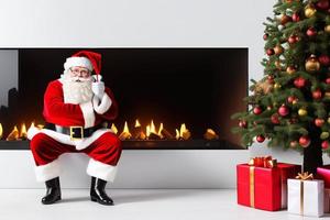 Cheerful Santa Claus is placing gift boxes. Merry Christmas and happy holidays. photo