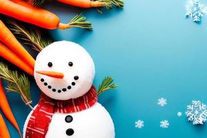 Funny snowman. Merry christmas and happy new year greeting card. Snowy background. photo