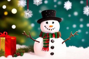 Funny snowman. Merry christmas and happy new year greeting card. Snowy background. photo