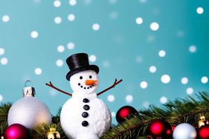 Funny snowman. Merry christmas and happy new year greeting card. Snowy background. photo